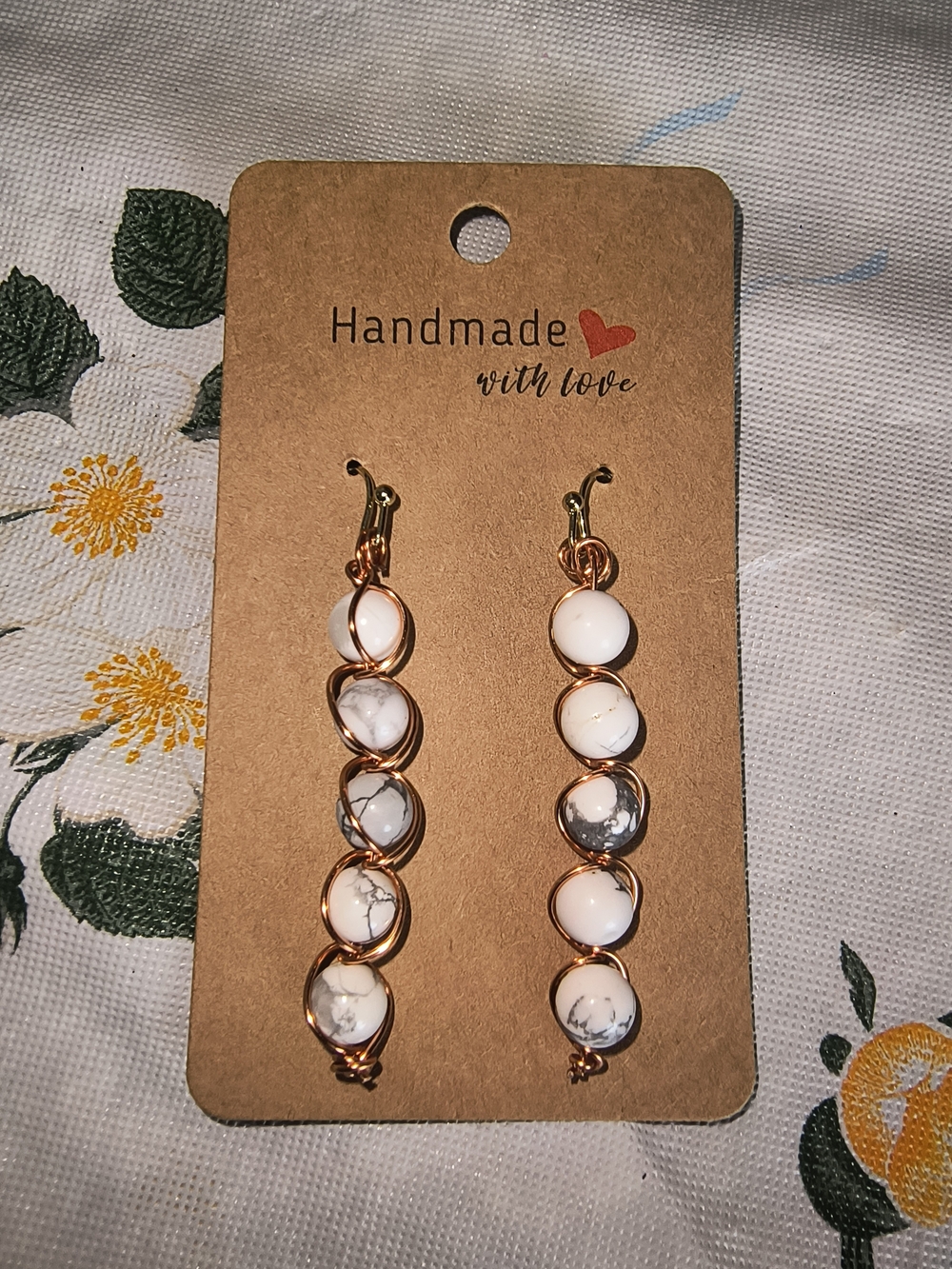 Hand Crafted White Howlite Bead Drop Earrings - Gold Wire